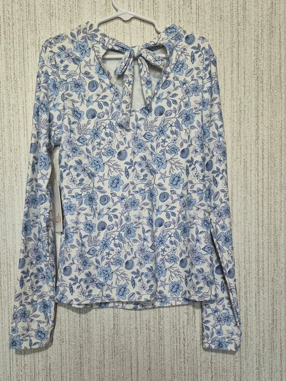 GB Girls Blue Floral Seashell Print Long Sleeve Rash Guard Top Size 12 NWT